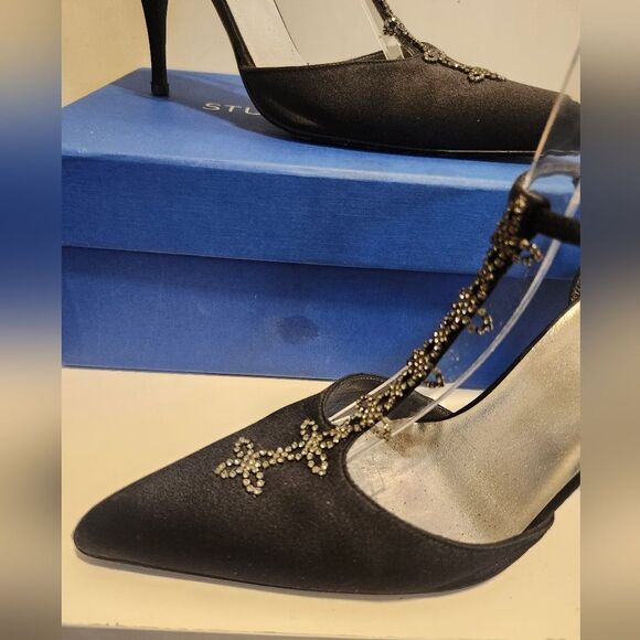 (image for) Stuart Weitzman Black Satin Crystal Rhinestone Jeweled T-strap Pumps Sz.8 $425